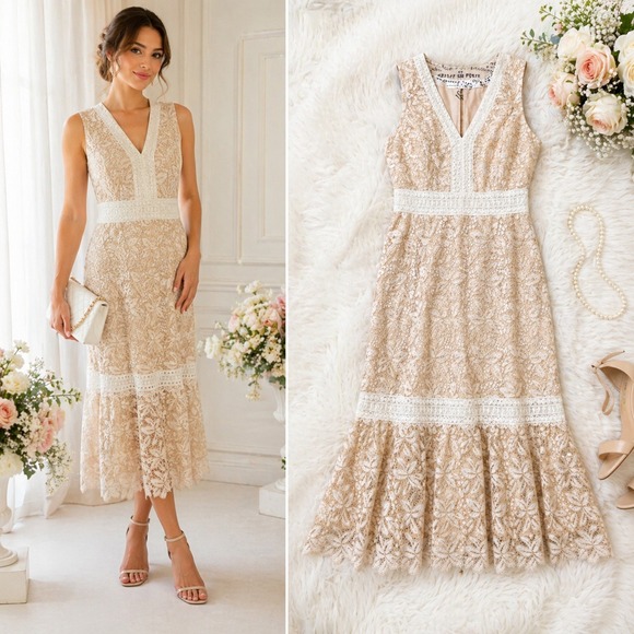 ANTONIO MELANI Dresses & Skirts - Antonio Melani Egot Lace Midi Dress Ivory Biscotti Bridal Coquette Size 6 NWT